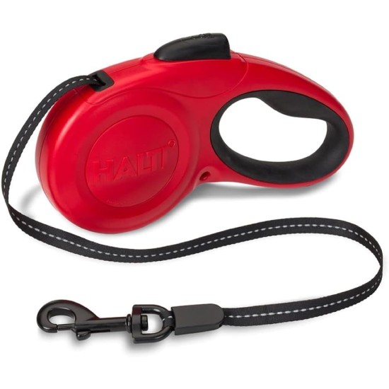 HALTI Retractable Dog Lead with Reflective Fabric, Ergonomic Soft Gel Handle and Patented Single Step Lock. Suitable for Medium Dogs (Medium, Black) HALTI Retractable Dog Lead with Reflective Fabric, Ergonomic Soft Gel Handle and Patented Single Step Lock. Suitable for Medium Dogs (Medium, Black)