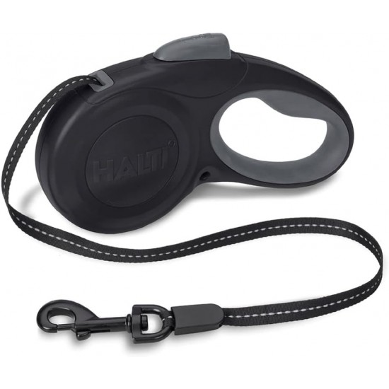 HALTI Retractable Dog Lead with Reflective Fabric, Ergonomic Soft Gel Handle and Patented Single Step Lock. Suitable for Medium Dogs (Medium, Black) HALTI Retractable Dog Lead with Reflective Fabric, Ergonomic Soft Gel Handle and Patented Single Step Lock. Suitable for Medium Dogs (Medium, Black)