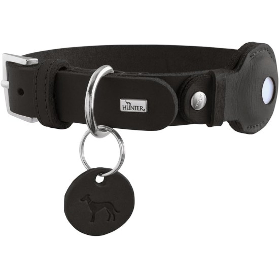 HUNTER VIBORG Dog Collar with Holder for Apple AirTag, Colour: Black, Robust and Soft Cowhide Leather, Integrated AirTag Holder, High Quality, Made in Germany, Size: 55 HUNTER VIBORG Dog Collar with Holder for Apple AirTag, Colour: Black, Robust and Soft Cowhide Leather, Integrated AirTag Holder, High Quality, Made in Germany, Size: 55