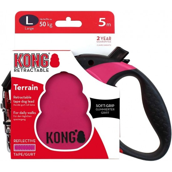 KONG Roll Out Terrain Dog Lead, Pink, Long Lead for Dogs, High-Quality Retractable Lead with Break & Lock System, Reflective & Wide Strap, Length 5 m, Size L up to 50 kg KONG Roll Out Terrain Dog Lead, Pink, Long Lead for Dogs, High-Quality Retractable Lead with Break & Lock System, Reflective & Wide Strap, Length 5 m, Size L up to 50 kg