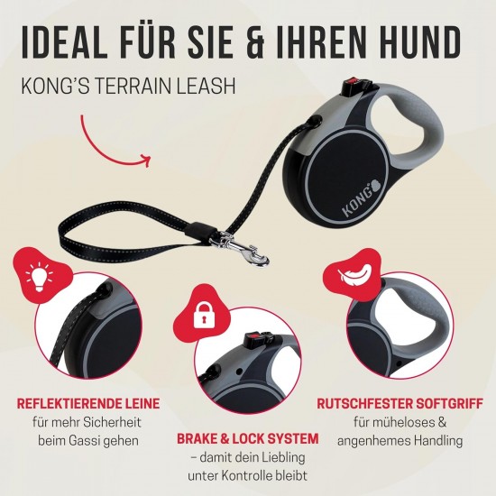 KONG Roll Out Terrain Dog Lead, Pink, Long Lead for Dogs, High-Quality Retractable Lead with Break & Lock System, Reflective & Wide Strap, Length 5 m, Size L up to 50 kg KONG Roll Out Terrain Dog Lead, Pink, Long Lead for Dogs, High-Quality Retractable Lead with Break & Lock System, Reflective & Wide Strap, Length 5 m, Size L up to 50 kg