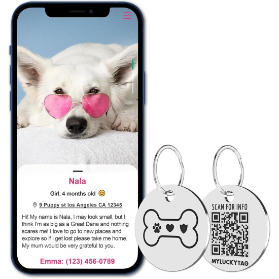 MYLUCKYTAG Stainless Steel QR Code Pet ID Tags Dog Tags - Pet Online Profile - Scan QR Get Instant Pet Location Alert Email MYLUCKYTAG Stainless Steel QR Code Pet ID Tags Dog Tags - Pet Online Profile - Scan QR Get Instant Pet Location Alert Email