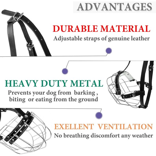 Metal Dog Muzzles, Rottweiler No.3 Wire Basket, Adjustable Leather Straps, Leather, Adjustable Circumference from 10.6-15 inches, Length 2.7 x 3.7 inches Metal Dog Muzzles, Rottweiler No.3 Wire Basket, Adjustable Leather Straps, Leather, Adjustable Circumference from 10.6-15 inches, Length 2.7 x 3.7 inches