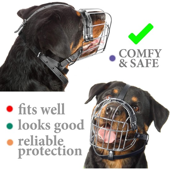 Metal Dog Muzzles, Rottweiler No.3 Wire Basket, Adjustable Leather Straps, Leather, Adjustable Circumference from 10.6-15 inches, Length 2.7 x 3.7 inches Metal Dog Muzzles, Rottweiler No.3 Wire Basket, Adjustable Leather Straps, Leather, Adjustable Circumference from 10.6-15 inches, Length 2.7 x 3.7 inches