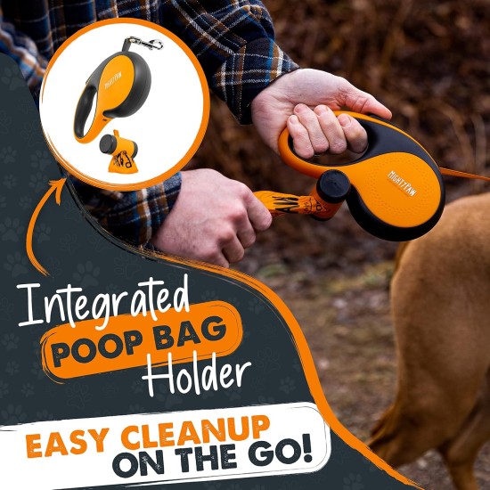 Mighty Paw Retractable Lead with Built-in Poop Bag Holder, 16" Retractable Dog Leash for Small Dogs, Medium Breeds and Large Pets, with Tape for Quick Control Mighty Paw Retractable Lead with Built-in Poop Bag Holder, 16" Retractable Dog Leash for Small Dogs, Medium Breeds and Large Pets, with Tape for Quick Control