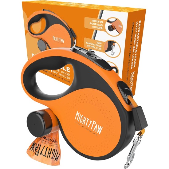 Mighty Paw Retractable Lead with Built-in Poop Bag Holder, 16" Retractable Dog Leash for Small Dogs, Medium Breeds and Large Pets, with Tape for Quick Control