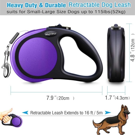 MigooPet Heavy Duty Retractable Dog Lead, 15 ft, 2 Sizes Available, Strong and Durable Retractable Lead for Small to Large Dogs up to 100-253 lbs, Small/Medium, Purple MigooPet Heavy Duty Retractable Dog Lead, 15 ft, 2 Sizes Available, Strong and Durable Retractable Lead for Small to Large Dogs up to 100-253 lbs, Small/Medium, Purple