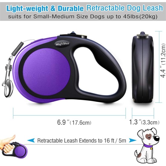 MigooPet Heavy Duty Retractable Dog Lead, 15 ft, 2 Sizes Available, Strong and Durable Retractable Lead for Small to Large Dogs up to 100-253 lbs, Small/Medium, Purple MigooPet Heavy Duty Retractable Dog Lead, 15 ft, 2 Sizes Available, Strong and Durable Retractable Lead for Small to Large Dogs up to 100-253 lbs, Small/Medium, Purple