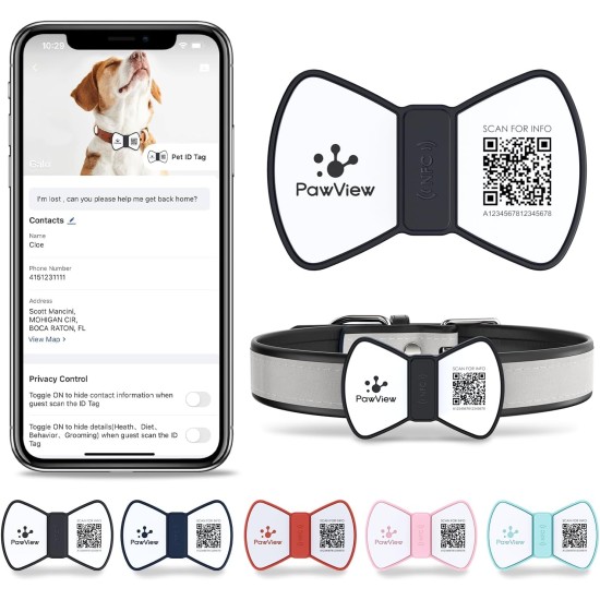 PawView Smart Pet ID Tag with QR Code & NFC - Waterproof Silicone Bow Tie Dog Tag for Lost Pet Recovery - Customizable, No GPS Required, Free App (Black) PawView Smart Pet ID Tag with QR Code & NFC - Waterproof Silicone Bow Tie Dog Tag for Lost Pet Recovery - Customizable, No GPS Required, Free App (Black)