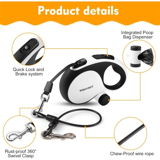 Retractable Dog Leash with Chew Resistant Cable, 26 Feet, Heavy Duty Dog Leash for Small, Medium, Large Dogs up to 110 lbs, 360° Tangle Free, One Hand Brake, White Retractable Dog Leash with Chew Resistant Cable, 26 Feet, Heavy Duty Dog Leash for Small, Medium, Large Dogs up to 110 lbs, 360° Tangle Free, One Hand Brake, White