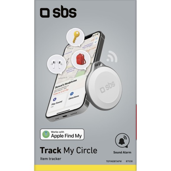 SBS Track My Circle Key and Object Finder Compatible with Apple Where, Alarm Sound 100dB, Ready to Use with CR2032 Battery Included, Waterproof IP65 with Keyhole SBS Track My Circle Key and Object Finder Compatible with Apple Where, Alarm Sound 100dB, Ready to Use with CR2032 Battery Included, Waterproof IP65 with Keyhole