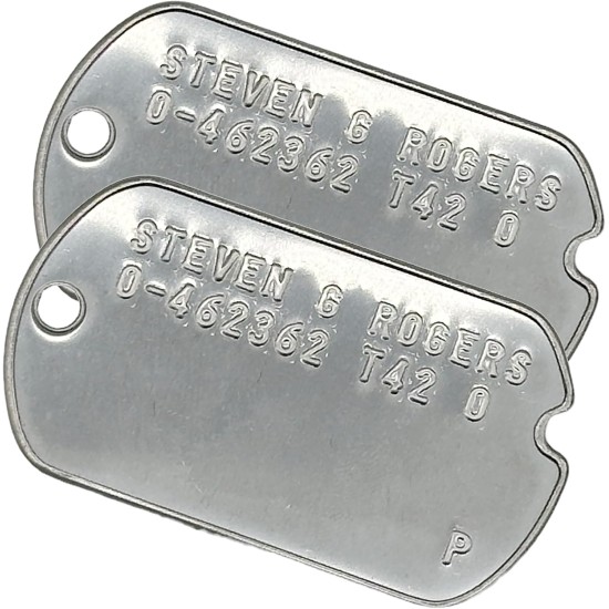 Steven Rogers 'Captain America' WWII Style Military Dog Tags - Notched Before 1965 WW2 - Stainless Steel - Chain Included Steven Rogers 'Captain America' WWII Style Military Dog Tags - Notched Before 1965 WW2 - Stainless Steel - Chain Included
