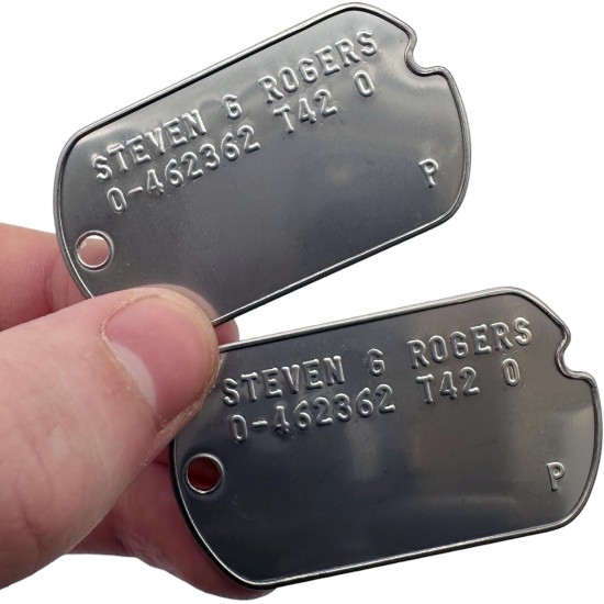 Steven Rogers 'Captain America' WWII Style Military Dog Tags - Notched Before 1965 WW2 - Stainless Steel - Chain Included Steven Rogers 'Captain America' WWII Style Military Dog Tags - Notched Before 1965 WW2 - Stainless Steel - Chain Included