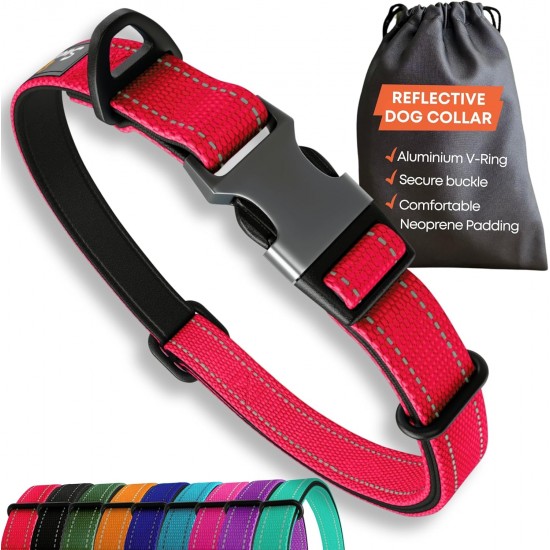 Strong Dog Collar Medium Dogs - Orange Reflective Padded Dog Collars - Adjustable - Safety Metal Buckle, Aluminium V-Ring Strong Dog Collar Medium Dogs - Orange Reflective Padded Dog Collars - Adjustable - Safety Metal Buckle, Aluminium V-Ring