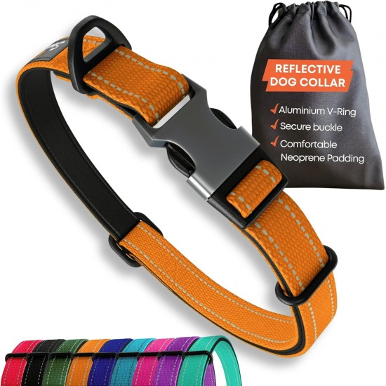 Strong Dog Collar Medium Dogs - Orange Reflective Padded Dog Collars - Adjustable - Safety Metal Buckle, Aluminium V-Ring Strong Dog Collar Medium Dogs - Orange Reflective Padded Dog Collars - Adjustable - Safety Metal Buckle, Aluminium V-Ring