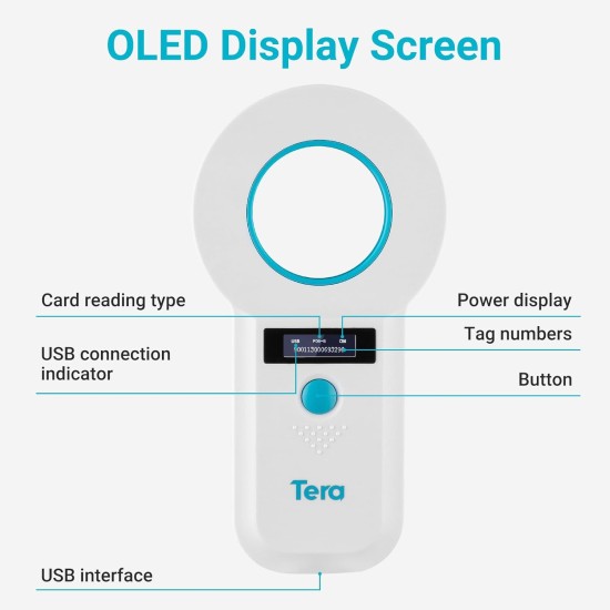 Tera Pet Microchip Reader Scanner Animal Chip ID Scanner with OLED Display Screen Rechargeable Data Memory Tag Scanner for Dogs Cats Animal Management White Tera Pet Microchip Reader Scanner Animal Chip ID Scanner with OLED Display Screen Rechargeable Data Memory Tag Scanner for Dogs Cats Animal Management White