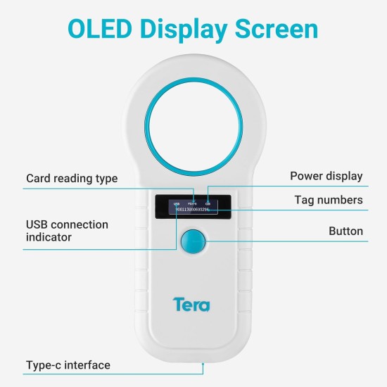 Tera Pet Microchip Reader Scanner Animal Chip ID Scanner with OLED Display Screen Rechargeable Data Memory Tag Scanner for Dogs Cats Animal Management White Tera Pet Microchip Reader Scanner Animal Chip ID Scanner with OLED Display Screen Rechargeable Data Memory Tag Scanner for Dogs Cats Animal Management White