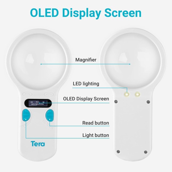 Tera Pet Microchip Reader Scanner Animal Chip ID Scanner with OLED Display Screen Rechargeable Data Memory Tag Scanner for Dogs Cats Animal Management White Tera Pet Microchip Reader Scanner Animal Chip ID Scanner with OLED Display Screen Rechargeable Data Memory Tag Scanner for Dogs Cats Animal Management White