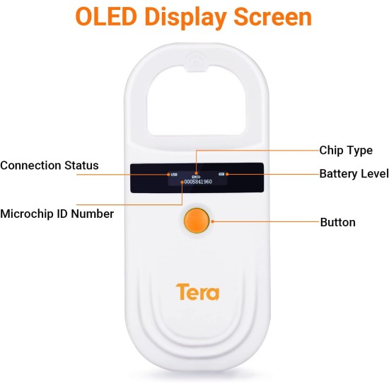 Tera Pet Microchip Reader Scanner with D-Buckle, RFID Portable Animal Chip ID Scanner with OLED Display, Rechargeable Pet Tag Scanner for Dogs, Cats, Pig for ISO 11784/11785, FDX-B, EMID Tera Pet Microchip Reader Scanner with D-Buckle, RFID Portable Animal Chip ID Scanner with OLED Display, Rechargeable Pet Tag Scanner for Dogs, Cats, Pig for ISO 11784/11785, FDX-B, EMID