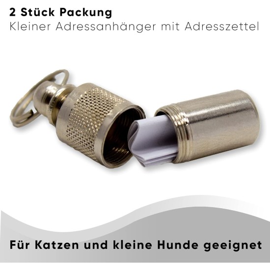 Two metal tube identification tags for cats and small dogs Two metal tube identification tags for cats and small dogs