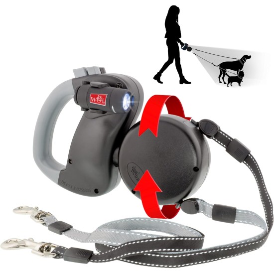 WIGZI Dual Doggie (2 Dogs) Retractable Leash with Light (L.E.D), Tangle Free, 360 Degree Technology, Independent Braking, Any Dog up to 50 lbs, Each Dog with 10 Feet Reflective Leashes for WIGZI Dual Doggie (2 Dogs) Retractable Leash with Light (L.E.D), Tangle Free, 360 Degree Technology, Independent Braking, Any Dog up to 50 lbs, Each Dog with 10 Feet Reflective Leashes for