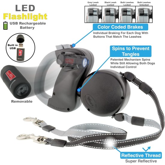 WIGZI Dual Doggie (2 Dogs) Retractable Leash with Light (L.E.D), Tangle Free, 360 Degree Technology, Independent Braking, Any Dog up to 50 lbs, Each Dog with 10 Feet Reflective Leashes for WIGZI Dual Doggie (2 Dogs) Retractable Leash with Light (L.E.D), Tangle Free, 360 Degree Technology, Independent Braking, Any Dog up to 50 lbs, Each Dog with 10 Feet Reflective Leashes for
