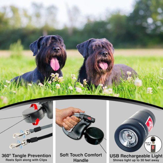 WIGZI Dual Doggie (2 Dogs) Retractable Leash with Light (L.E.D), Tangle Free, 360 Degree Technology, Independent Braking, Any Dog up to 50 lbs, Each Dog with 10 Feet Reflective Leashes for WIGZI Dual Doggie (2 Dogs) Retractable Leash with Light (L.E.D), Tangle Free, 360 Degree Technology, Independent Braking, Any Dog up to 50 lbs, Each Dog with 10 Feet Reflective Leashes for