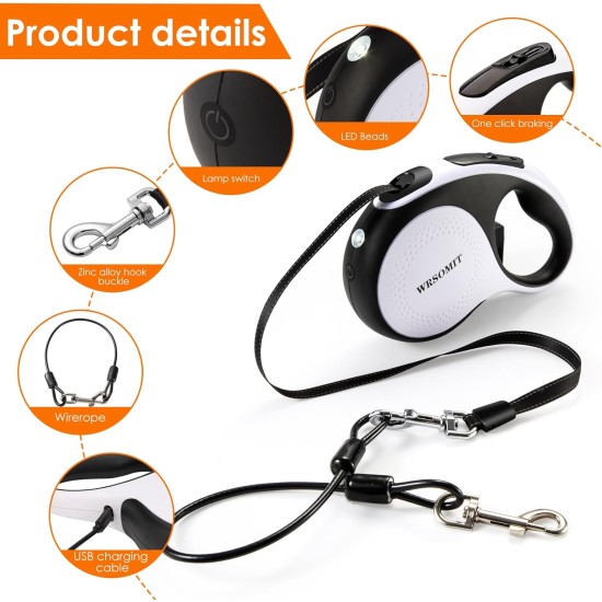 WRSOMIT Retractable Dog Leash with Chew Resistant Cable, 26 Feet, Heavy Duty Dog Leash for Small, Medium, Large Dogs up to 110 lbs, 360° Tangle Free, One Hand Brake, White WRSOMIT Retractable Dog Leash with Chew Resistant Cable, 26 Feet, Heavy Duty Dog Leash for Small, Medium, Large Dogs up to 110 lbs, 360° Tangle Free, One Hand Brake, White