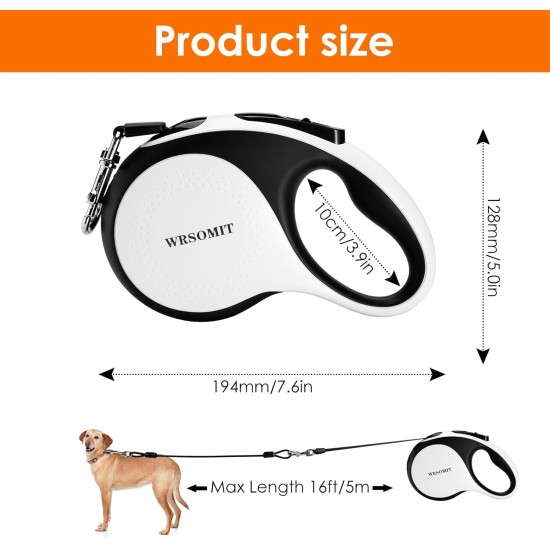 WRSOMIT Retractable Dog Leash with Chew Resistant Cable, 26 Feet, Heavy Duty Dog Leash for Small, Medium, Large Dogs up to 110 lbs, 360° Tangle Free, One Hand Brake, White WRSOMIT Retractable Dog Leash with Chew Resistant Cable, 26 Feet, Heavy Duty Dog Leash for Small, Medium, Large Dogs up to 110 lbs, 360° Tangle Free, One Hand Brake, White