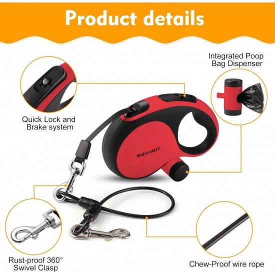WRSOMIT Retractable Dog Leash with Chew Resistant Cable, 26 Feet, Heavy Duty Dog Leash for Small, Medium, Large Dogs up to 110 lbs, 360° Tangle Free, One Hand Brake, White WRSOMIT Retractable Dog Leash with Chew Resistant Cable, 26 Feet, Heavy Duty Dog Leash for Small, Medium, Large Dogs up to 110 lbs, 360° Tangle Free, One Hand Brake, White