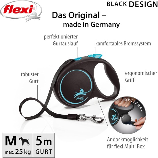 flexi® Black Design M Belt 5 m Black / Blue Roll Lead for Dogs up to 25 kg flexi® Black Design M Belt 5 m Black / Blue Roll Lead for Dogs up to 25 kg