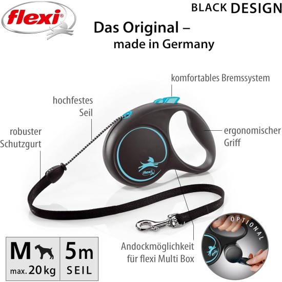 flexi® Black Design M Rope 5 m Black/Blue Roll Lead for Dogs up to 20 kg flexi® Black Design M Rope 5 m Black/Blue Roll Lead for Dogs up to 20 kg