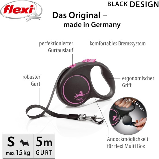flexi® Black Design S Belt 5 m Black/Pink Roll Lead for Dogs up to 15 kg flexi® Black Design S Belt 5 m Black/Pink Roll Lead for Dogs up to 15 kg