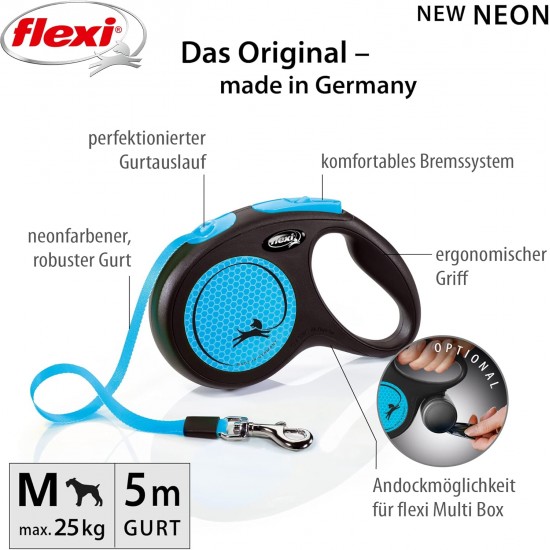 flexi® Neon M Strap 5 m Black Neon Blue Strap Reflective Side Panel Roll Lead for Dogs up to 25 kg flexi® Neon M Strap 5 m Black Neon Blue Strap Reflective Side Panel Roll Lead for Dogs up to 25 kg