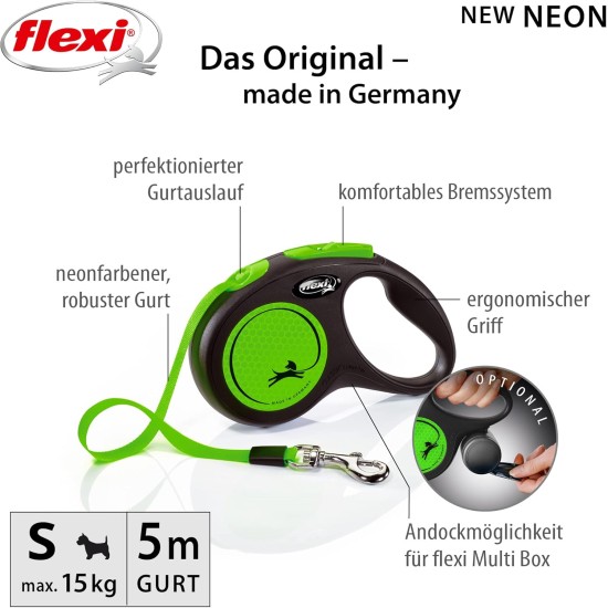 flexi® Neon S 5 m Black Neon Green Strap Reflective Side Panel Roll Lead for Dogs up to 15 kg flexi® Neon S 5 m Black Neon Green Strap Reflective Side Panel Roll Lead for Dogs up to 15 kg