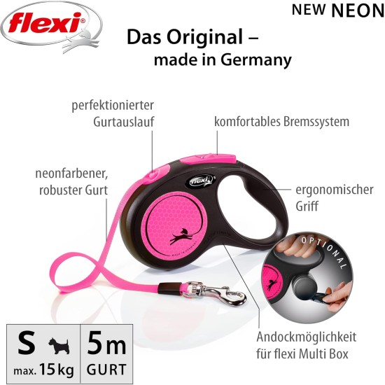 flexi® Neon S Strap 5 m Black Neon Pink Strap Reflective Side Panel Roll Lead for Dogs up to 15 kg flexi® Neon S Strap 5 m Black Neon Pink Strap Reflective Side Panel Roll Lead for Dogs up to 15 kg