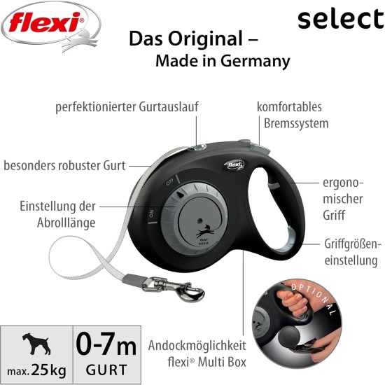 flexi® Select Strap 7 m Black Adjustable between 0-7 m for Dogs up to 25 kg flexi® Select Strap 7 m Black Adjustable between 0-7 m for Dogs up to 25 kg