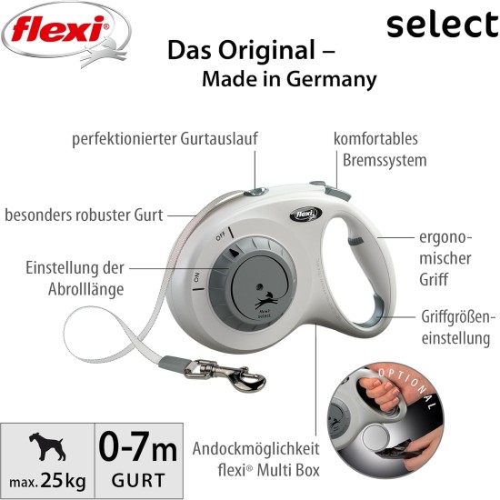 flexi® Select Strap 7 m Black Adjustable between 0-7 m for Dogs up to 25 kg flexi® Select Strap 7 m Black Adjustable between 0-7 m for Dogs up to 25 kg