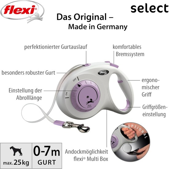 flexi® Select Strap 7 m Black Adjustable between 0-7 m for Dogs up to 25 kg flexi® Select Strap 7 m Black Adjustable between 0-7 m for Dogs up to 25 kg
