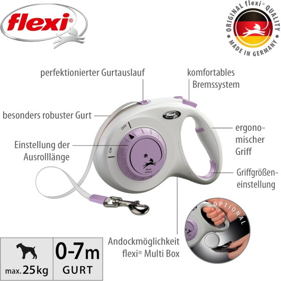 flexi® Select Strap 7 m Black Adjustable between 0-7 m for Dogs up to 25 kg flexi® Select Strap 7 m Black Adjustable between 0-7 m for Dogs up to 25 kg