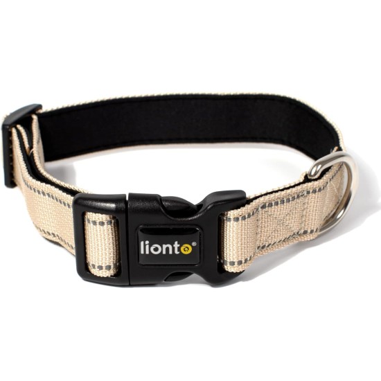 lionto Durable Nylon Dog Collar, Extra Small, Soft Padded Collar for Dogs, 360° Reflective & Click Closure, Metal Ring & Adjustment by Continuous Slider, Beige lionto Durable Nylon Dog Collar, Extra Small, Soft Padded Collar for Dogs, 360° Reflective & Click Closure, Metal Ring & Adjustment by Continuous Slider, Beige
