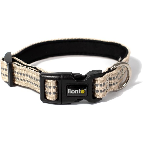 lionto Durable Nylon Dog Collar, Extra Small, Soft Padded Collar for Dogs, 360° Reflective & Click Closure, Metal Ring & Adjustment by Continuous Slider, Beige