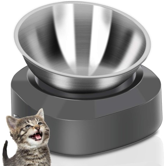 AYADA Raised Cat Bowl Stainless Steel Cat Food and Water Anti Vomiting Raised with Stand Ergonomic Raised Slant Tilted 15 Angle Metal Single Bowl Kitten