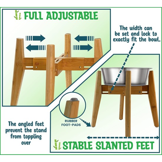 Adjustable Dog Bowl Stand - Raised Raised Pet Bowl Holder - Width (Extendable 7-10") - Natural Bamboo Adjustable Dog Bowl Stand - Raised Raised Pet Bowl Holder - Width (Extendable 7-10") - Natural Bamboo