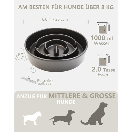 Anti-Sling Dog Bowl, Ceramic Slinging Bowl, Raised Ceramic Slow Feeder for Dogs, Slow Feeding for Medium/Large Dogs, Diameter 21 cm, 1000 ml, Dark Grey Anti-Sling Dog Bowl, Ceramic Slinging Bowl, Raised Ceramic Slow Feeder for Dogs, Slow Feeding for Medium/Large Dogs, Diameter 21 cm, 1000 ml, Dark Grey