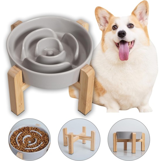 Anti-Slinging Bowl Dog Ceramic Dog Bowl Raised - Anti Sling Bowl Dog with Non-Slip Bamboo Stand - Feeding Bowl Dog for Medium and Large Dogs - Feeding Bowl Dog Slow Eating - Grey - 22.5 cm Anti-Slinging Bowl Dog Ceramic Dog Bowl Raised - Anti Sling Bowl Dog with Non-Slip Bamboo Stand - Feeding Bowl Dog for Medium and Large Dogs - Feeding Bowl Dog Slow Eating - Grey - 22.5 cm