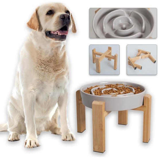 Anti-Slinging Bowl Dog Ceramic Dog Bowl Raised - Anti Sling Bowl Dog with Non-Slip Bamboo Stand - Feeding Bowl Dog for Medium and Large Dogs - Feeding Bowl Dog Slow Eating - Grey - 22.5 cm