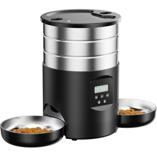Automatic Cat Feeder, 2 Bowls, Cat Food, Automatic, Stainless Steel Feeder, Cat Feeder, Programmable Timer, 5 L Dog Feeder, Dry Food Dispenser, Two Power Sources, for Small/Medium Pets