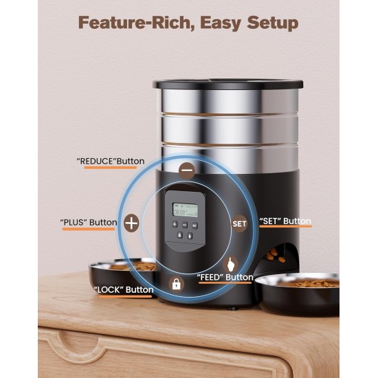 Automatic Cat Feeder, 2 Bowls, Cat Food, Automatic, Stainless Steel Feeder, Cat Feeder, Programmable Timer, 5 L Dog Feeder, Dry Food Dispenser, Two Power Sources, for Small/Medium Pets Automatic Cat Feeder, 2 Bowls, Cat Food, Automatic, Stainless Steel Feeder, Cat Feeder, Programmable Timer, 5 L Dog Feeder, Dry Food Dispenser, Two Power Sources, for Small/Medium Pets