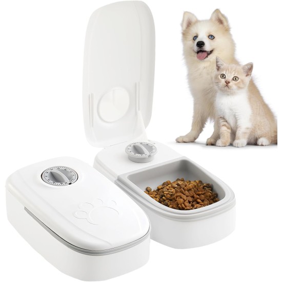 Automatic Cat Feeder for 2 Meals: Two Meal Automatic Feeder with Timer & Non-Slip Mat for Dogs and Cats, Cat Feeder for 2 Meals, Automatic Feeder Cat, Light Grey